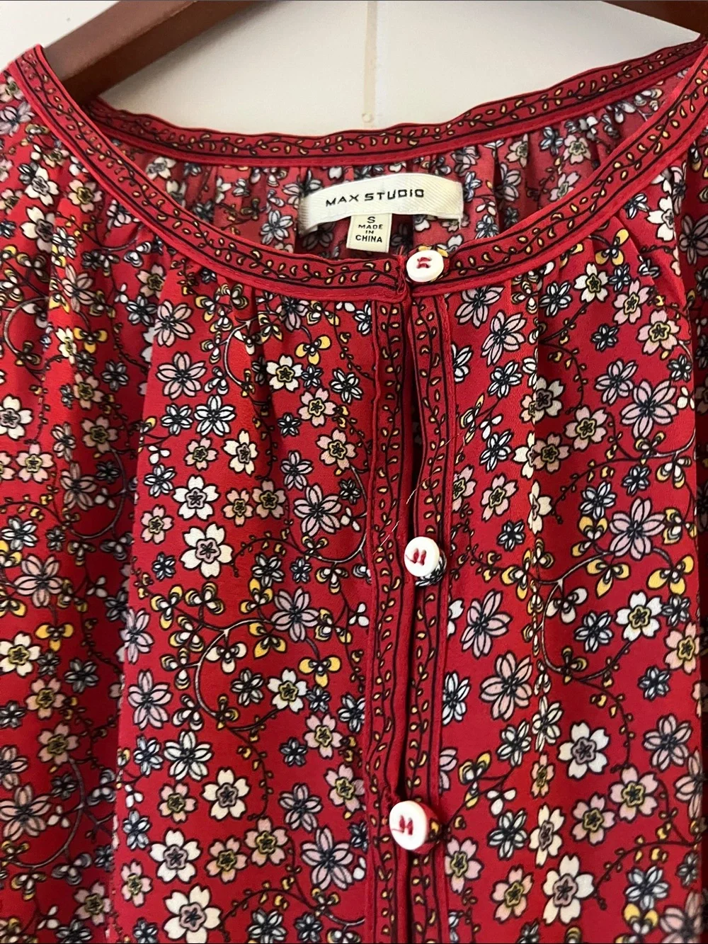 Madewell Red Floral Puff-Sleeve Button-Front Top